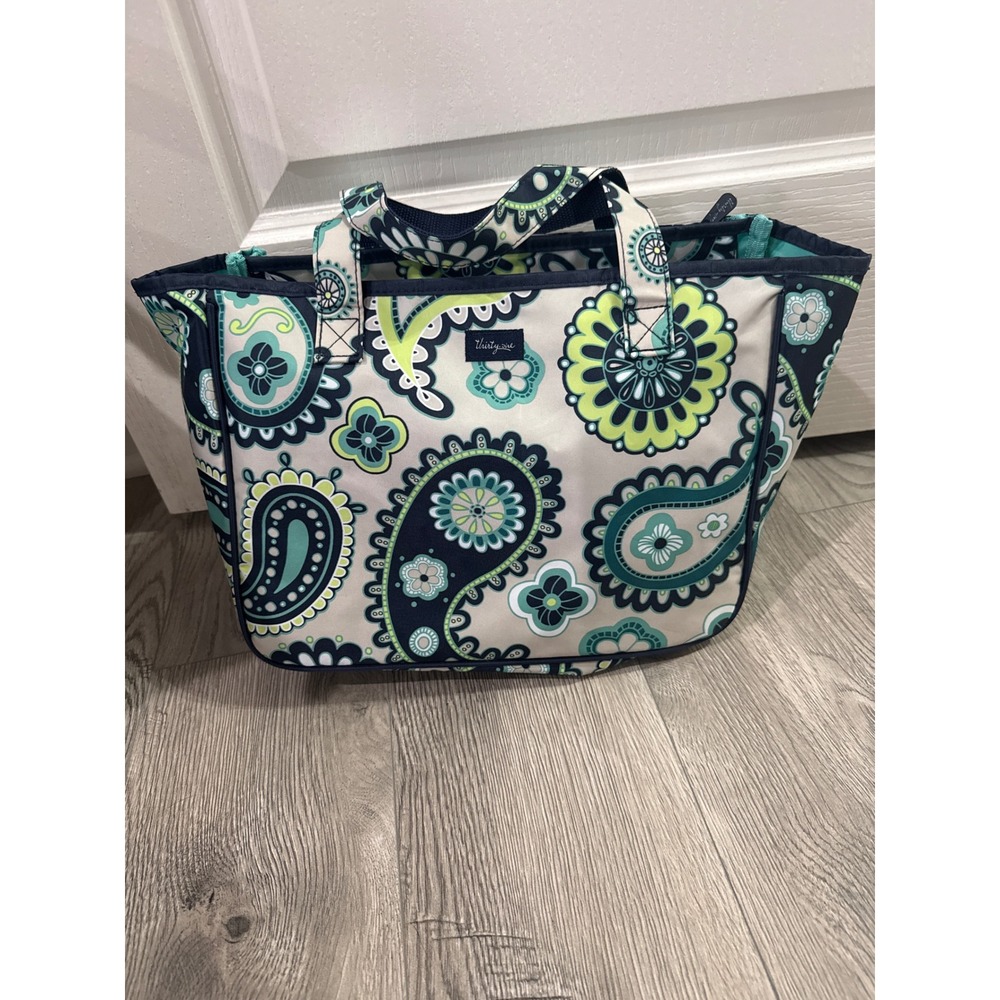 Thirty-One Zip-Top Utility Tote Bag Navy Teal Lime Paisley Monogram R. NWOT‎